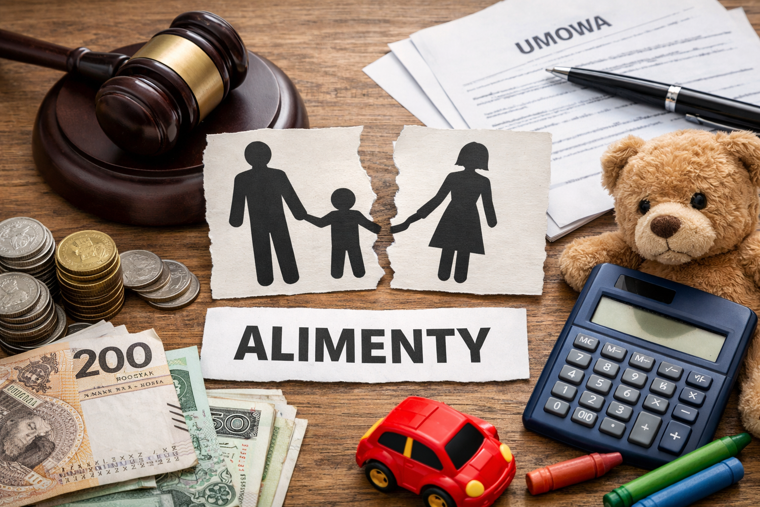 Alimenty – młotek sędziowski, polskie banknoty i rozerwane zdjęcie rodziny
